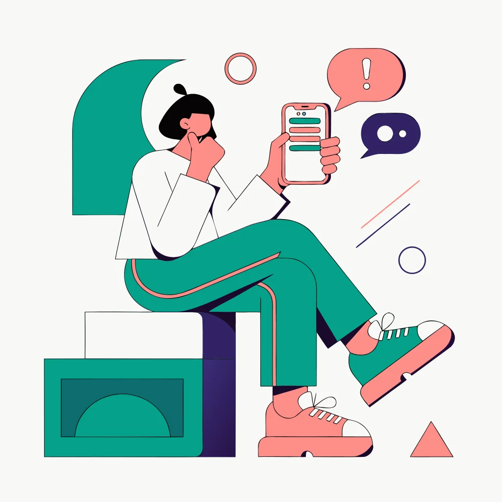 A person pausing over a suspicious mobile message while checking urgency, sender, and request symbols.