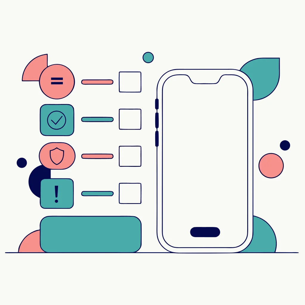 A mobile security checklist showing pause, verify, refuse sensitive data, and report decisions.
