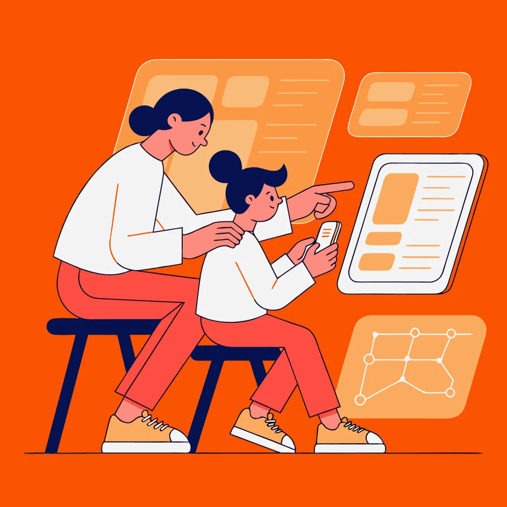 A parent and child reviewing visible screen-time, app, content, and location controls together.