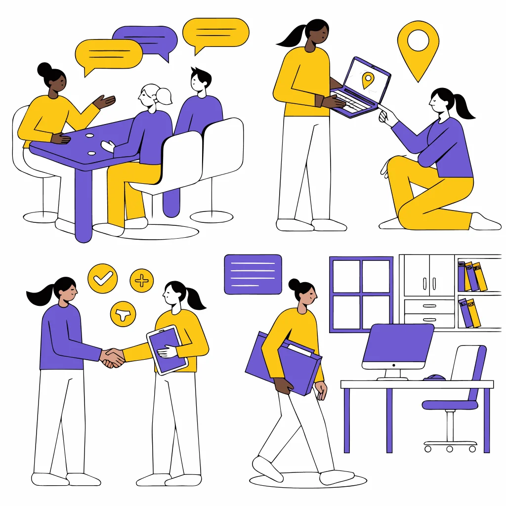 Four everyday supervision scenarios showing a family conversation, shared location, adult consent, and a company policy review.