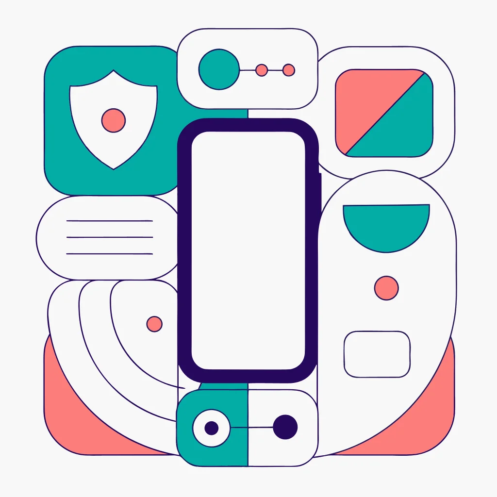 A layered mobile account protection plan showing carrier lock, authenticator, passkey, recovery contact, and privacy choices.