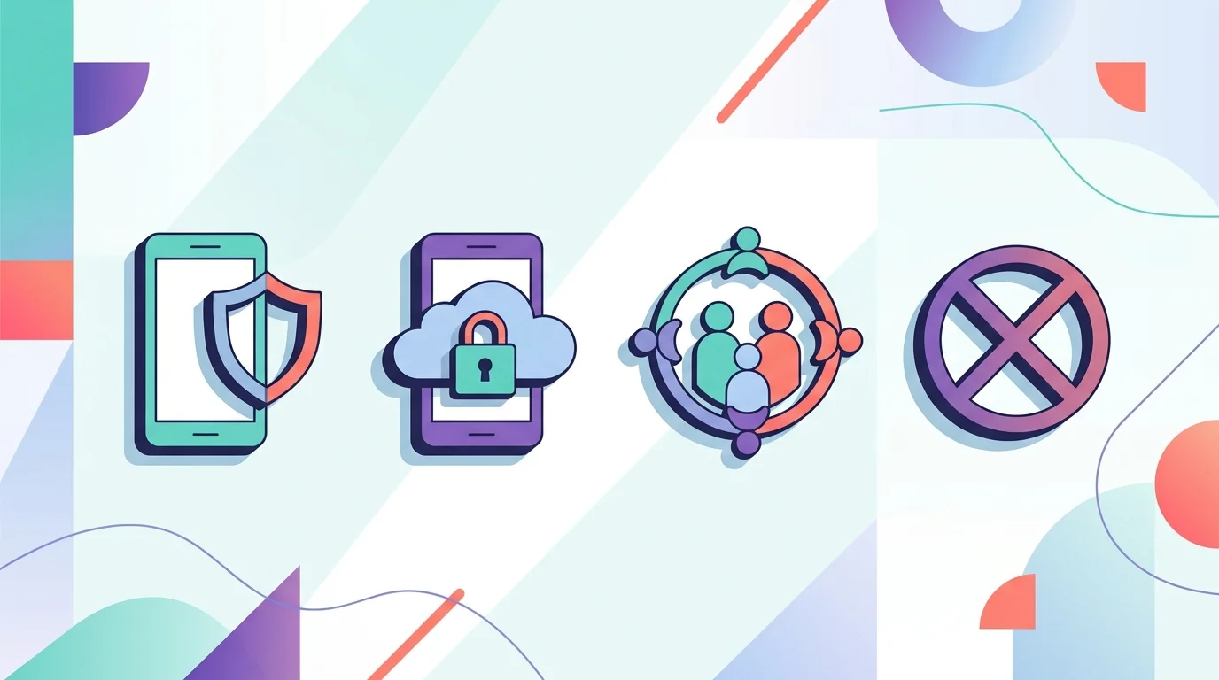 WhatsApp monitoring access paths shown as device, cloud, family, and blocked no-access icons.