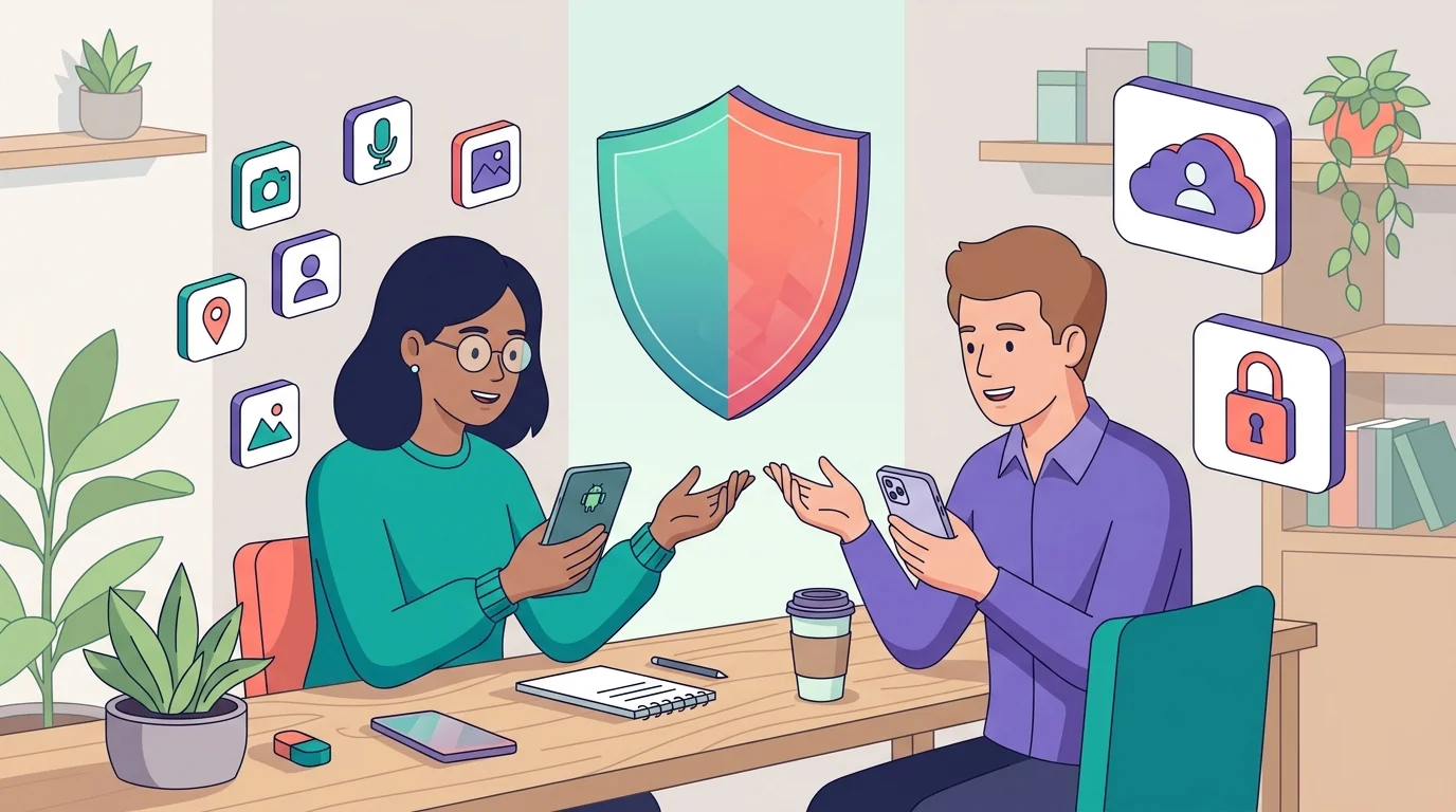 Android and iPhone WhatsApp monitoring paths represented by phones, shields, and account icons.