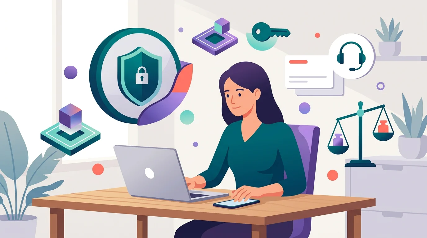 A buyer checking phone type, account relationship, price, risk, and authorization icons.