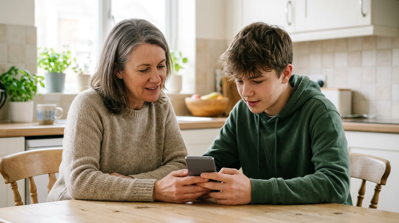 A parent and teenager reviewing phone safety settings together.
