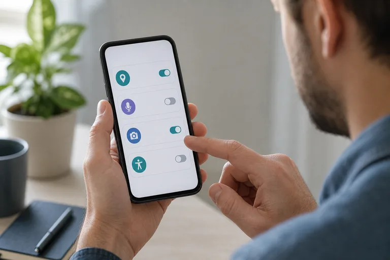 A person reviewing location, microphone, camera, and accessibility permissions on a phone.