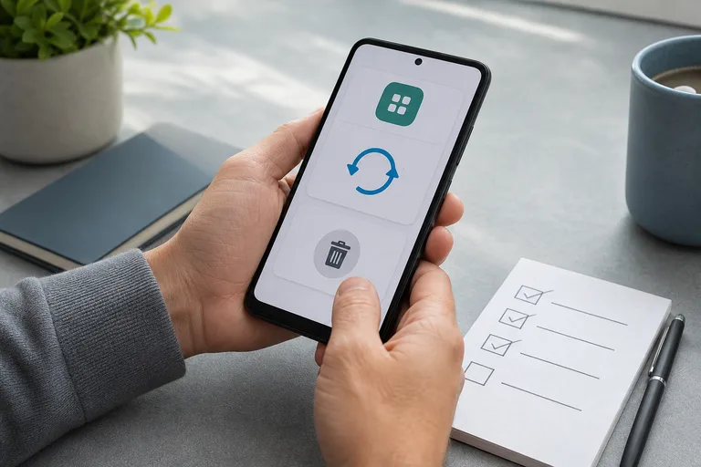 A person reviewing update and removal controls on a phone beside a checklist.