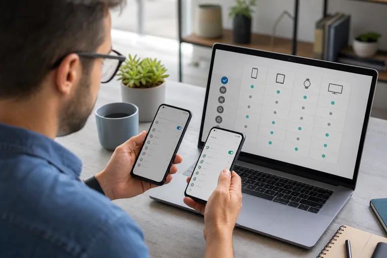 A person comparing two phones against a device compatibility matrix.