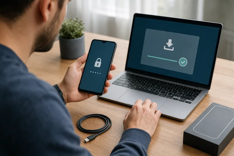 A person verifying phone access and an installer source on a laptop.