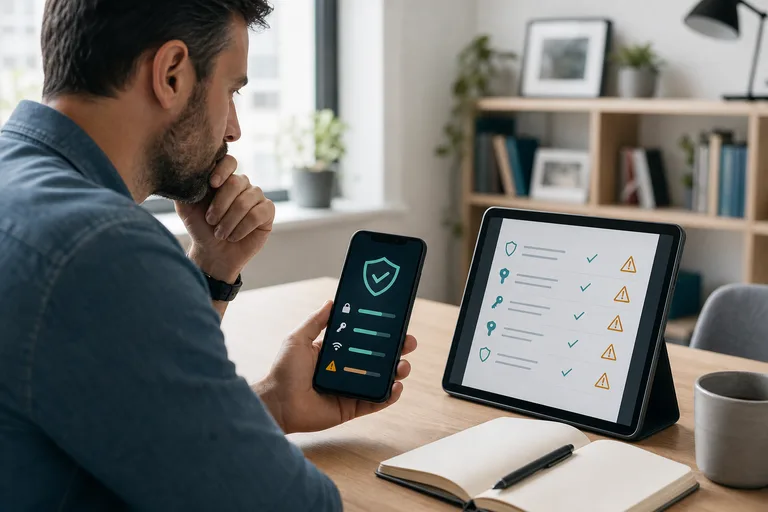 A person comparing phone security status with a technical requirements checklist.