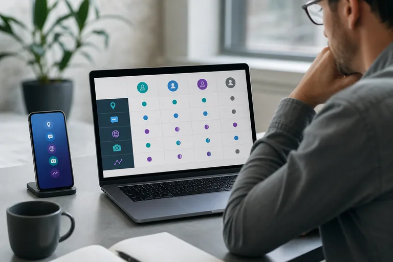 A person reviewing a generic feature comparison matrix beside a phone.
