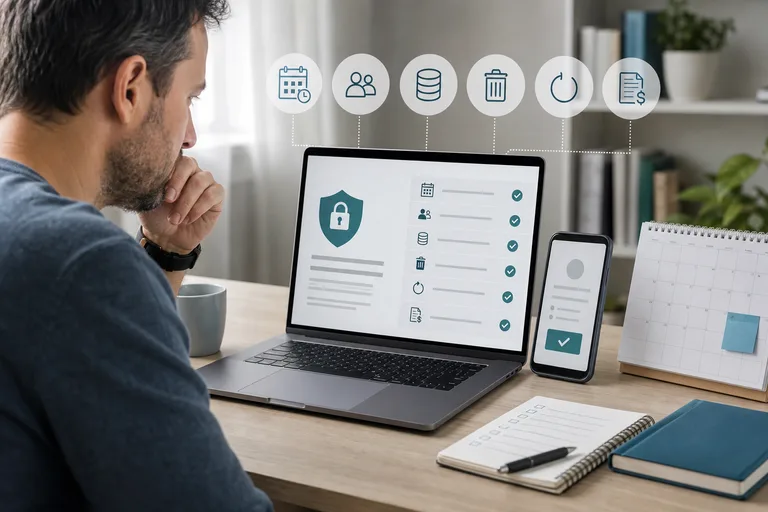 A person reviewing device, retention, deletion, renewal, and refund terms.