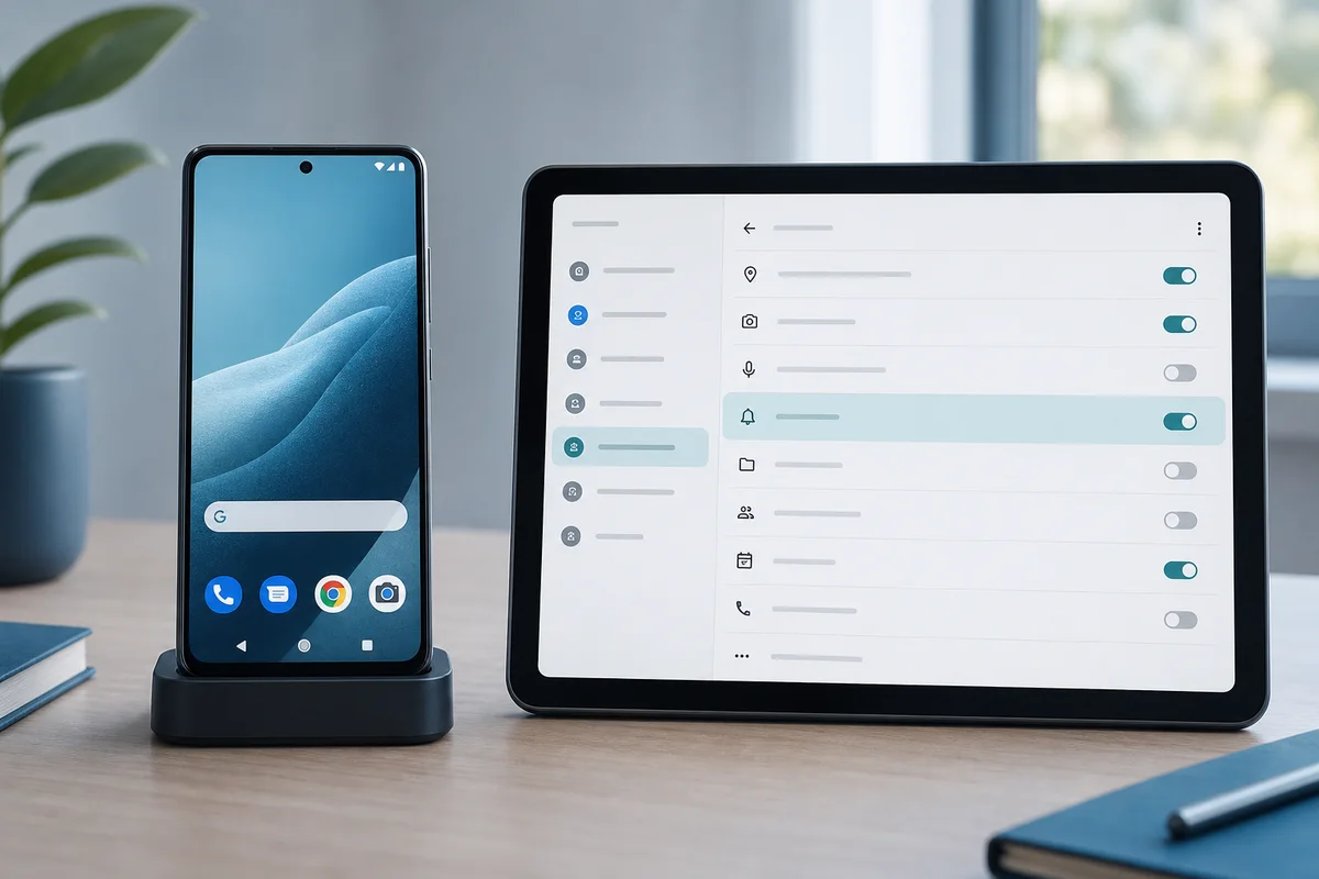 A person comparing a clean phone launcher with the installed-app and permissions panels visible on a tablet.