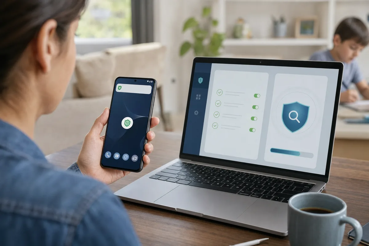 A parent reviewing visible app indicators, platform rules, and a mobile security scan.