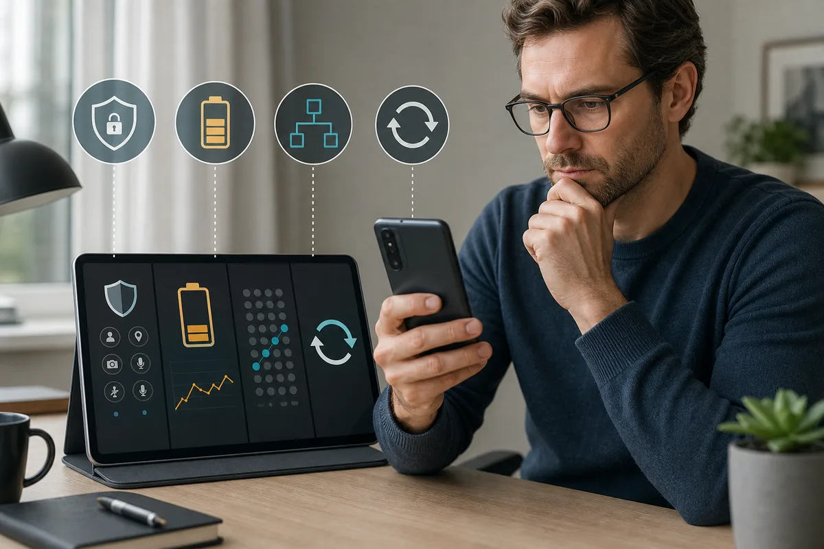 A person reviewing sensitive permissions, battery use, background activity, and system updates.