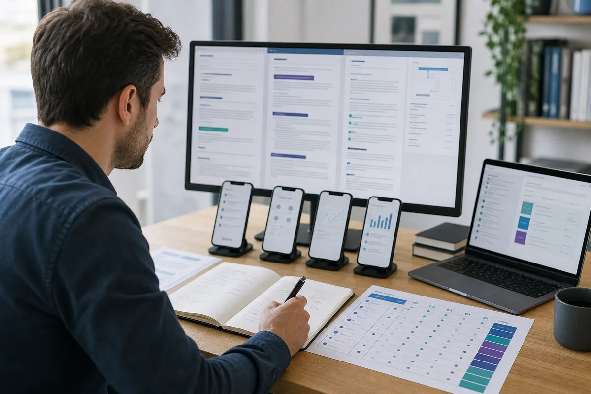 A technology researcher cross-checking product documentation, phone configurations, and a comparison matrix.