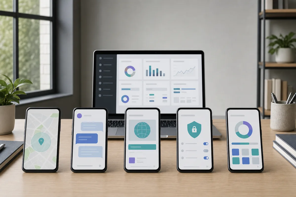 Five Android phones arranged equally for a neutral feature and evidence comparison.
