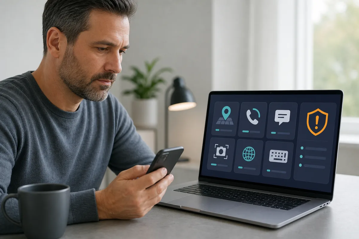 A reviewer examining Android monitoring categories and a security-control warning beside a phone.