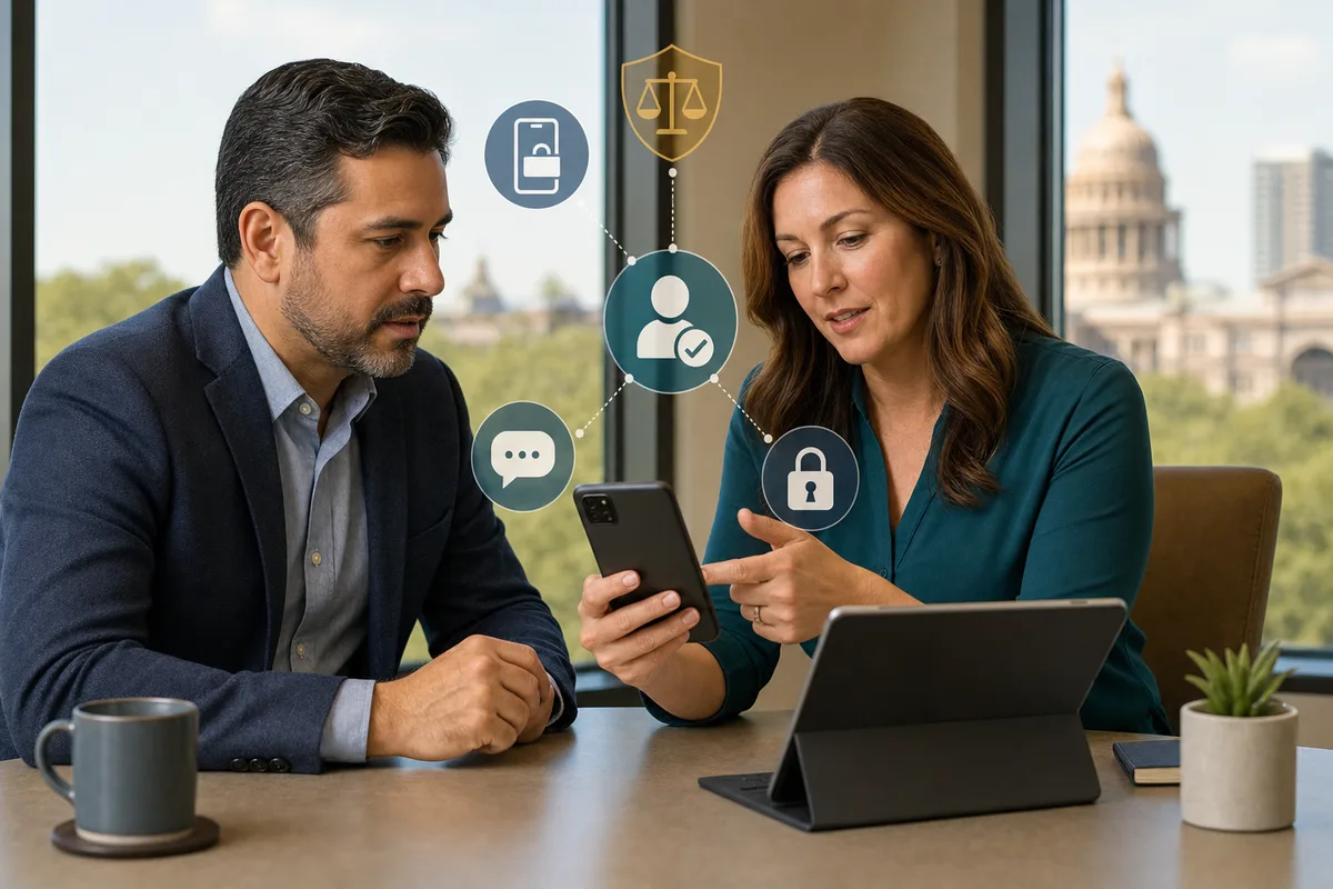 Two adults openly reviewing phone consent, privacy, and legal boundaries in Texas.