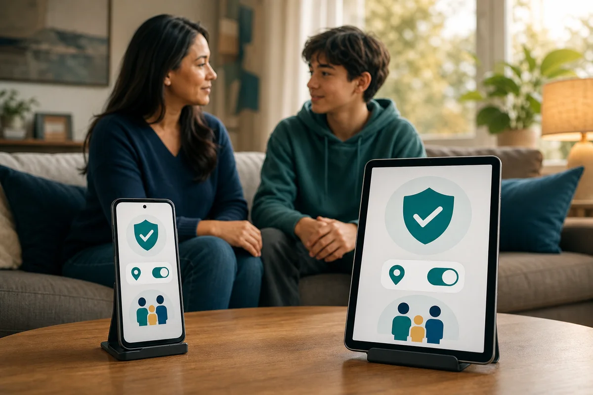 A parent and teenager openly choosing transparent phone safety and privacy controls together.