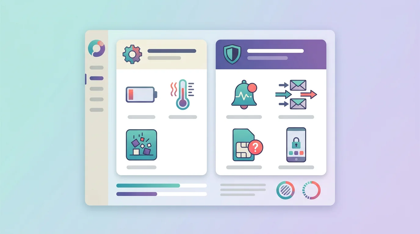 A calm warning dashboard separating weak phone symptoms from stronger security signals