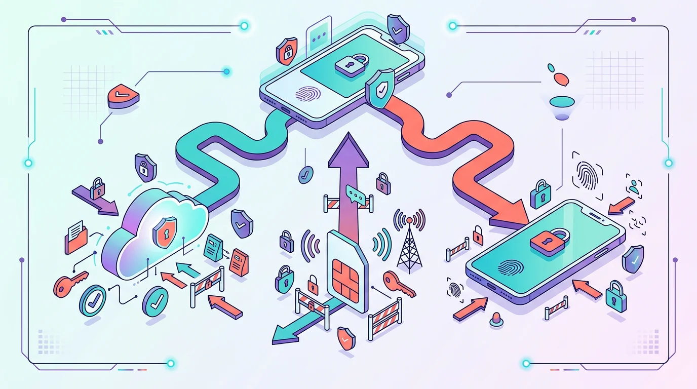 A security illustration separating a cloud account, phone number, and device into three different risk paths