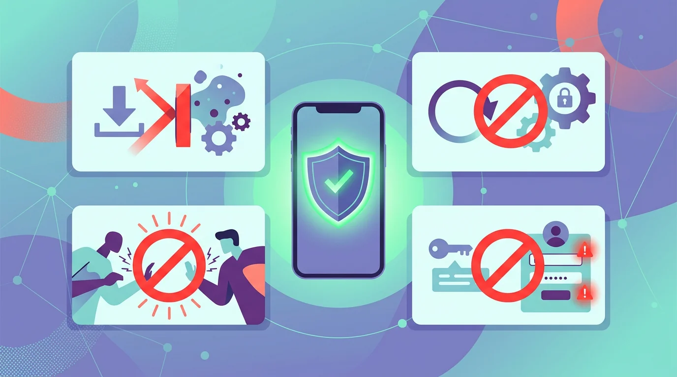 Blocked risky reactions such as random downloads, rushed resets, and confrontation shown as warning icons