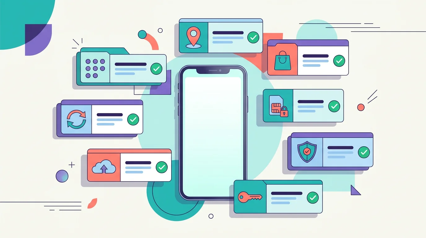 A calm phone security checklist with passcode, updates, backup, account, carrier, and app-safety icons