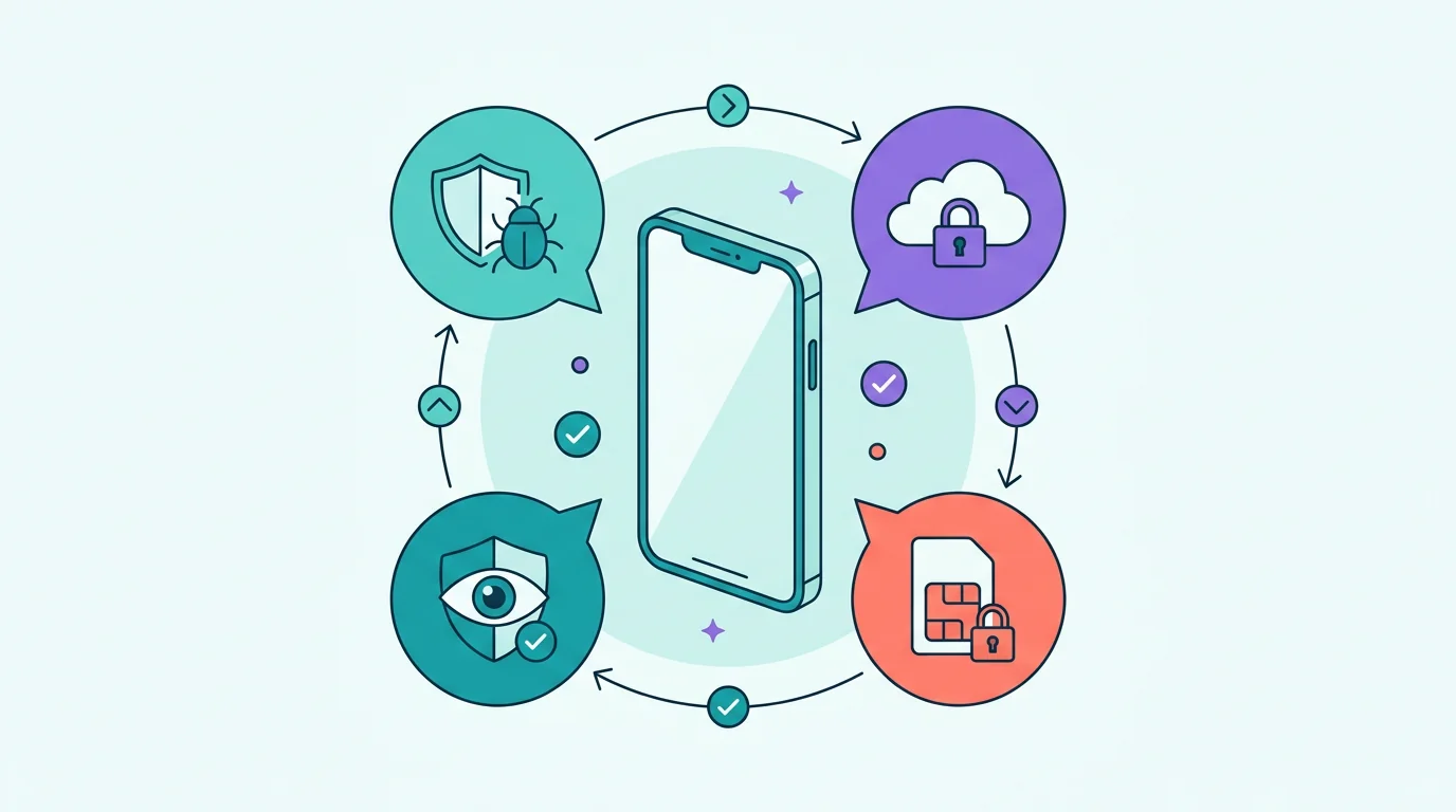 Four distinct phone-compromise paths separated around a protected smartphone