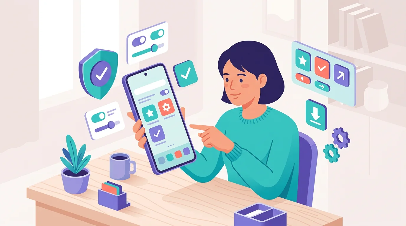 A person reviewing Android-style app and permission safety checks on a phone.