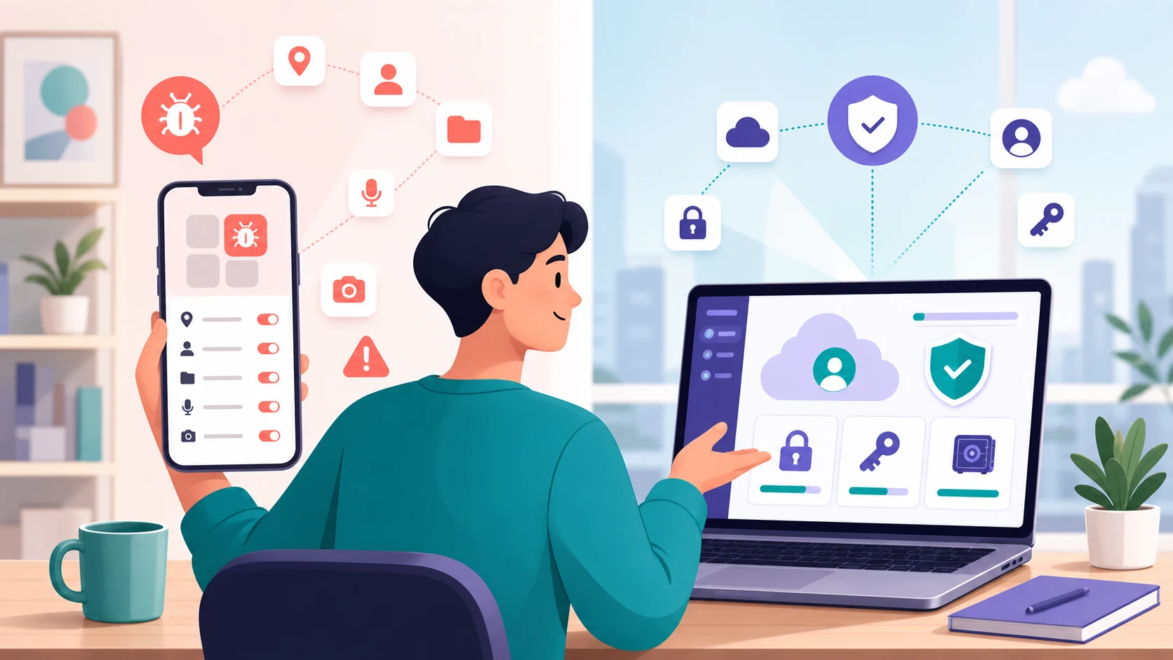 A person comparing app permissions on a phone with account security on a laptop