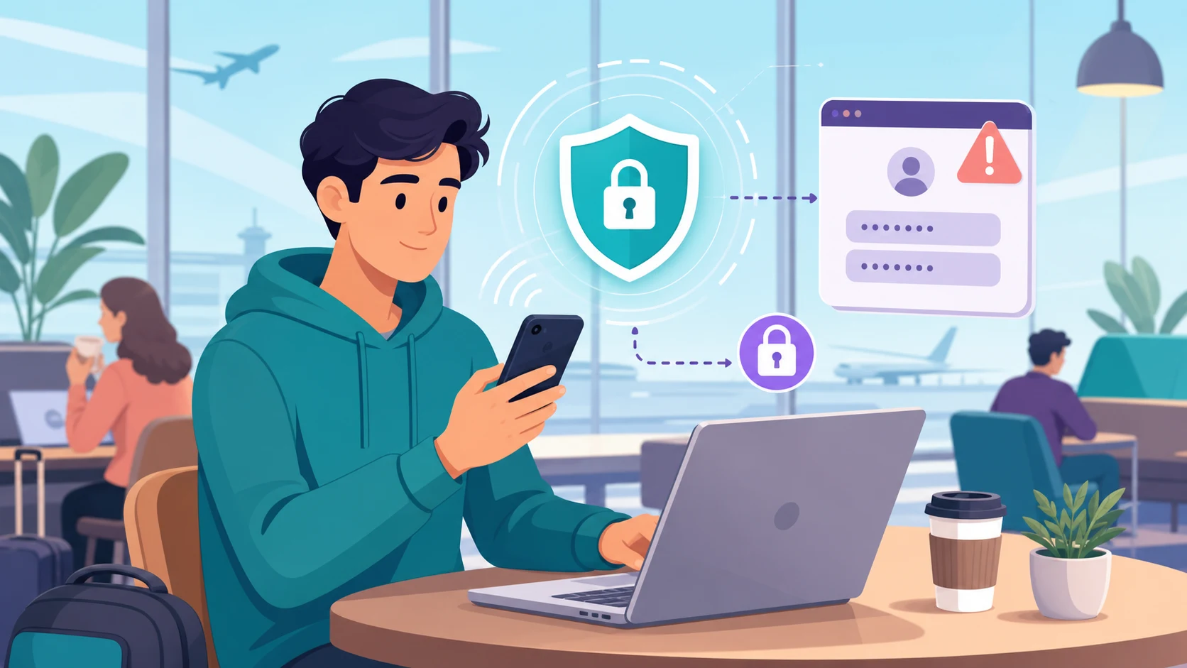 A person checking phone and laptop security while using public Wi-Fi