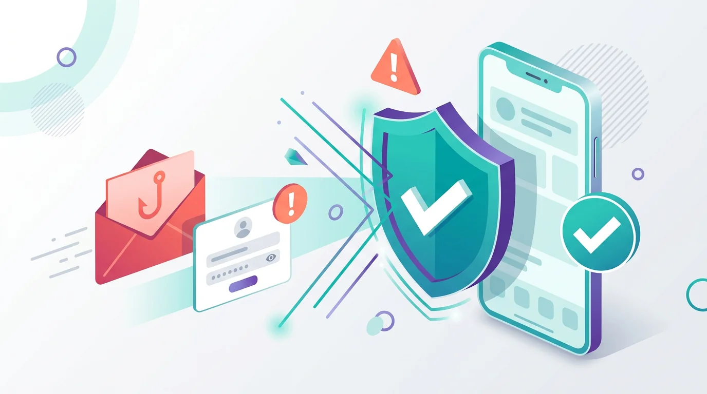 A phishing message and fake login card blocked by a shield.