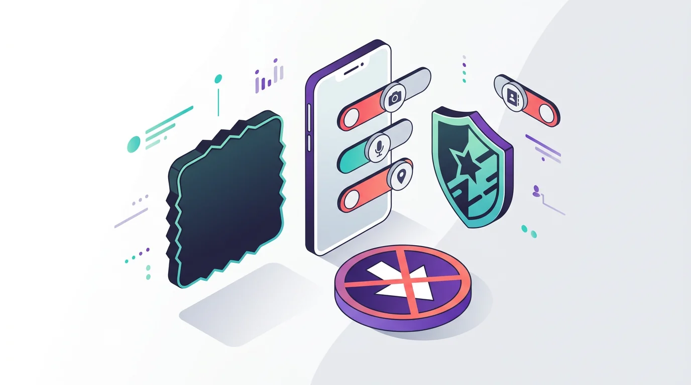 A suspicious app and permission controls blocked by a shield.