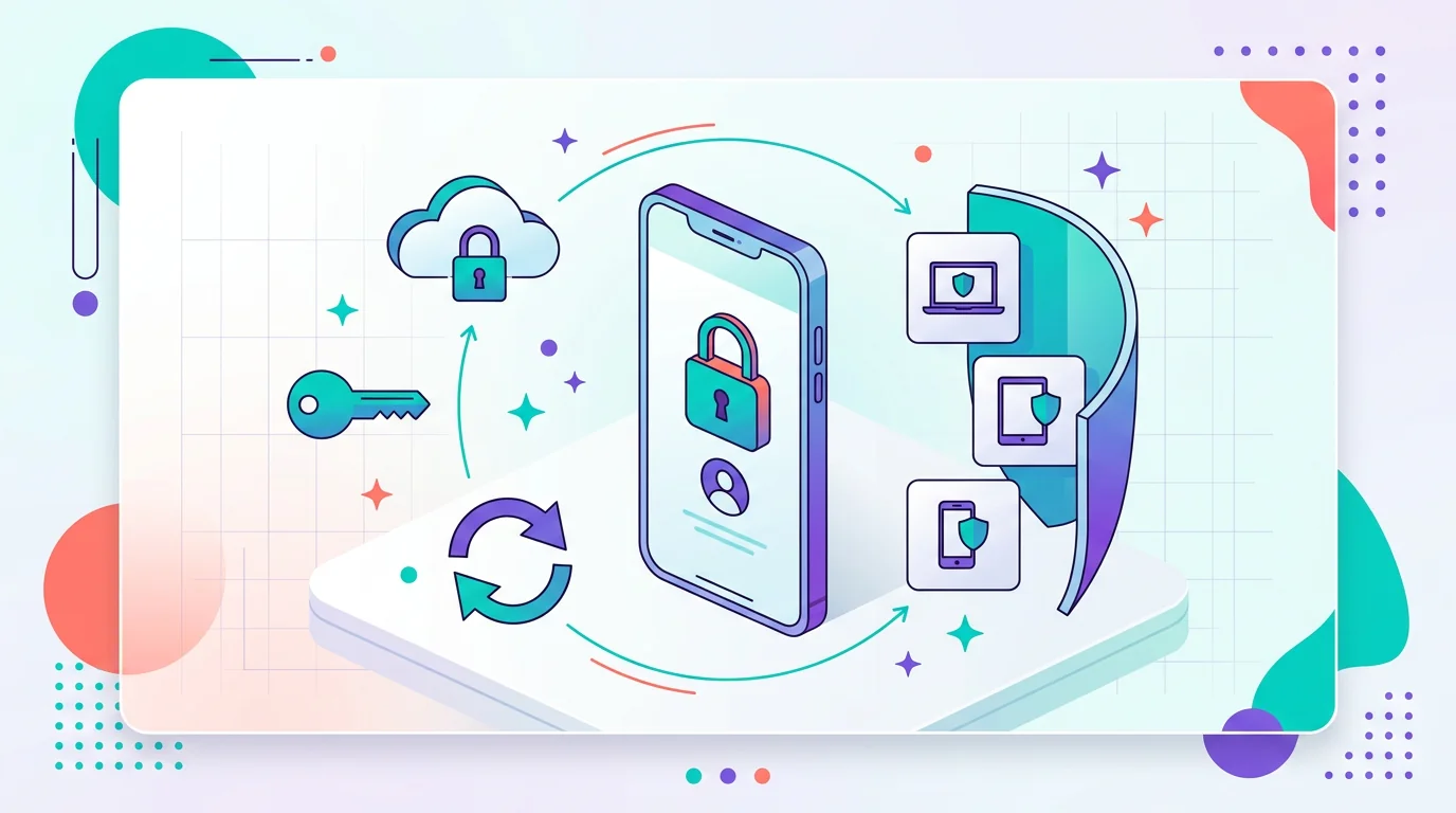 A cloud account and recovery icons protected around a phone.