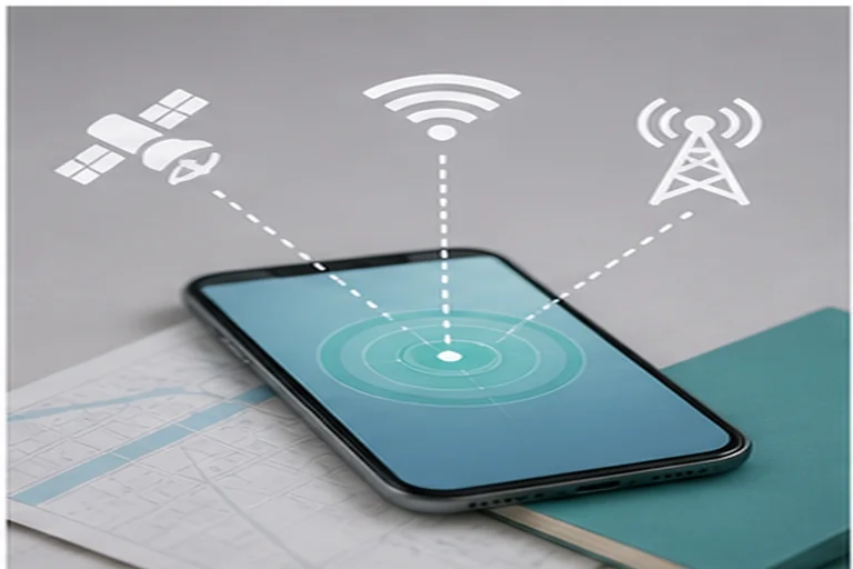 A phone receiving satellite, Wi-Fi, and cellular location signals.