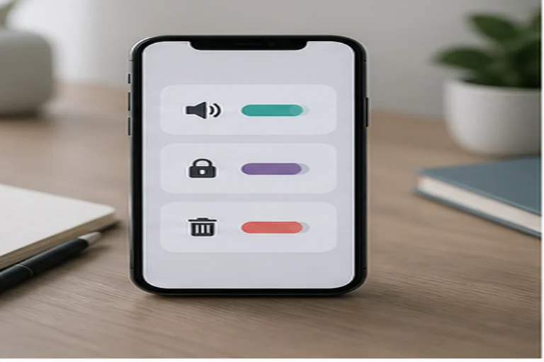 A phone showing generic sound, lock, and erase controls.